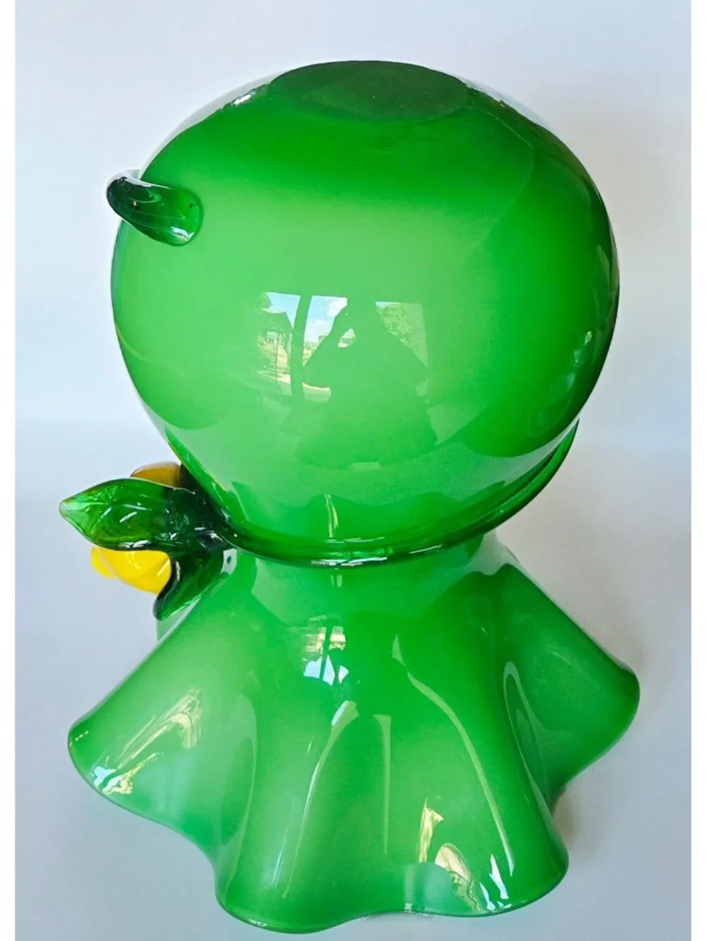 Large Hand-Blown Green Glass Vase With Yellow Flower Rose Accent & Ruffled Rim